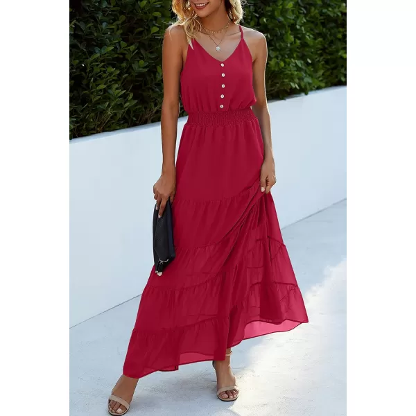 imagePRETTYGARDEN Womens Casual Summer Dress Spaghetti Strap Sleeveless High Waist Beach Long Maxi Sun DressesDeep Red