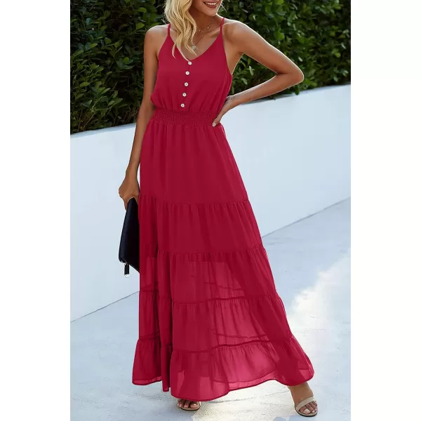 imagePRETTYGARDEN Womens Casual Summer Dress Spaghetti Strap Sleeveless High Waist Beach Long Maxi Sun DressesDeep Red