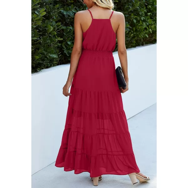 imagePRETTYGARDEN Womens Casual Summer Dress Spaghetti Strap Sleeveless High Waist Beach Long Maxi Sun DressesDeep Red