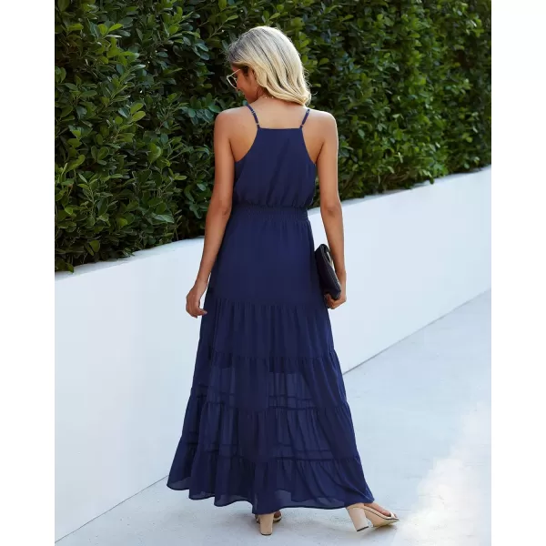 imagePRETTYGARDEN Womens Casual Summer Dress Spaghetti Strap Sleeveless High Waist Beach Long Maxi Sun DressesNavy