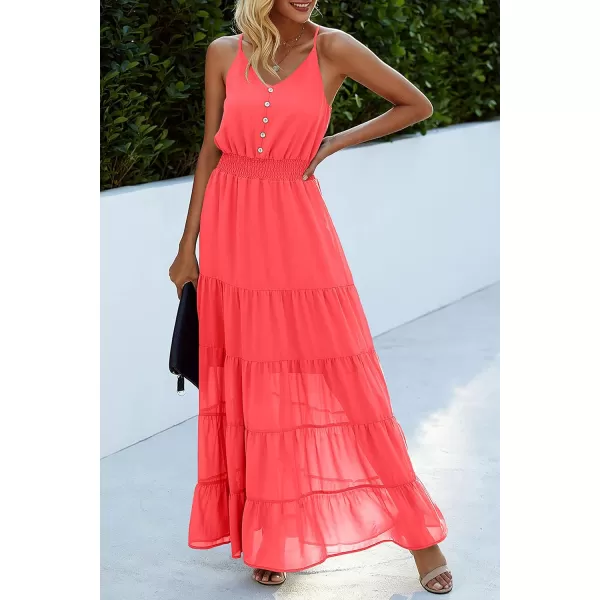 imagePRETTYGARDEN Womens Casual Summer Dress Spaghetti Strap Sleeveless High Waist Beach Long Maxi Sun DressesOrange Red