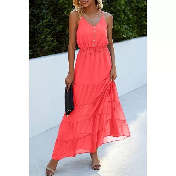 imagePRETTYGARDEN Womens Casual Summer Dress Spaghetti Strap Sleeveless High Waist Beach Long Maxi Sun DressesOrange Red