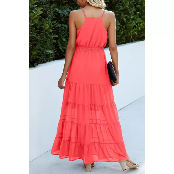 imagePRETTYGARDEN Womens Casual Summer Dress Spaghetti Strap Sleeveless High Waist Beach Long Maxi Sun DressesOrange Red