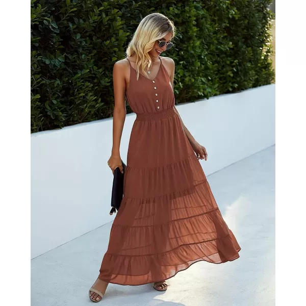 imagePRETTYGARDEN Womens Casual Summer Dress Spaghetti Strap Sleeveless High Waist Beach Long Maxi Sun DressesRust Red