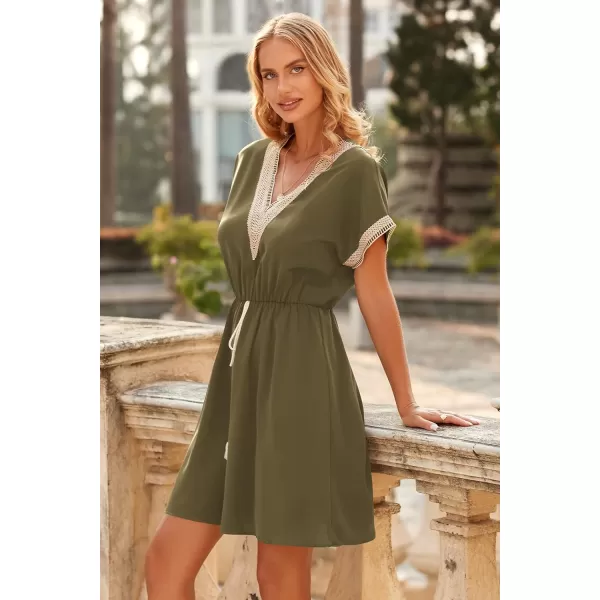 imagePRETTYGARDEN Womens Casual Summer Dresses Trimmed Short Sleeve V Neck Tie Front Flowy DressArmy Green