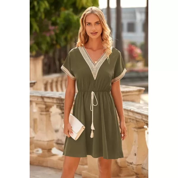 imagePRETTYGARDEN Womens Casual Summer Dresses Trimmed Short Sleeve V Neck Tie Front Flowy DressArmy Green