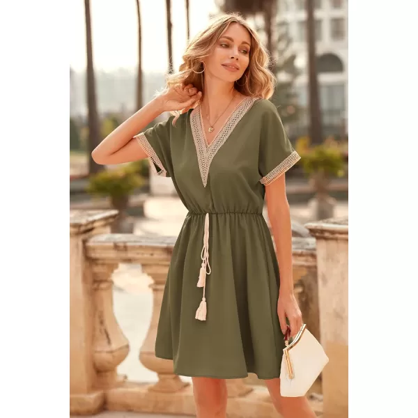 imagePRETTYGARDEN Womens Casual Summer Dresses Trimmed Short Sleeve V Neck Tie Front Flowy DressArmy Green