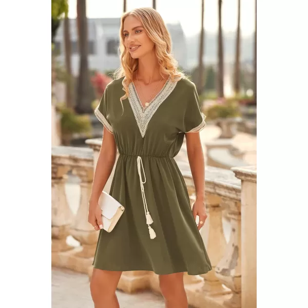 imagePRETTYGARDEN Womens Casual Summer Dresses Trimmed Short Sleeve V Neck Tie Front Flowy DressArmy Green