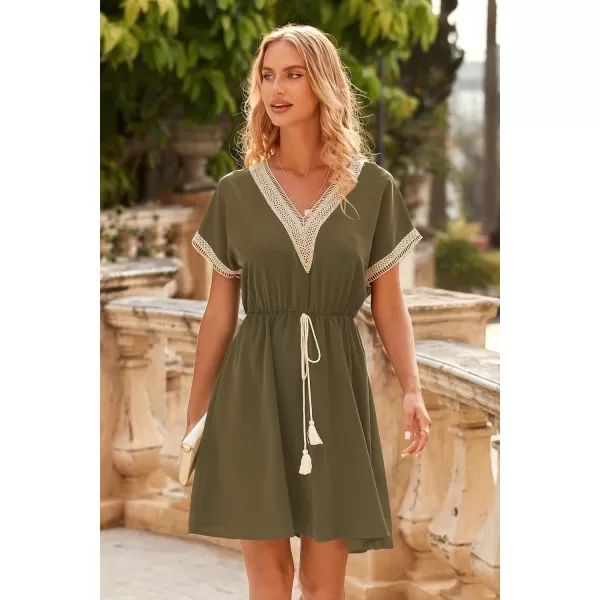 imagePRETTYGARDEN Womens Casual Summer Dresses Trimmed Short Sleeve V Neck Tie Front Flowy DressArmy Green