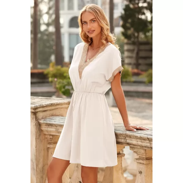 imagePRETTYGARDEN Womens Casual Summer Dresses Trimmed Short Sleeve V Neck Tie Front Flowy DressBeige White