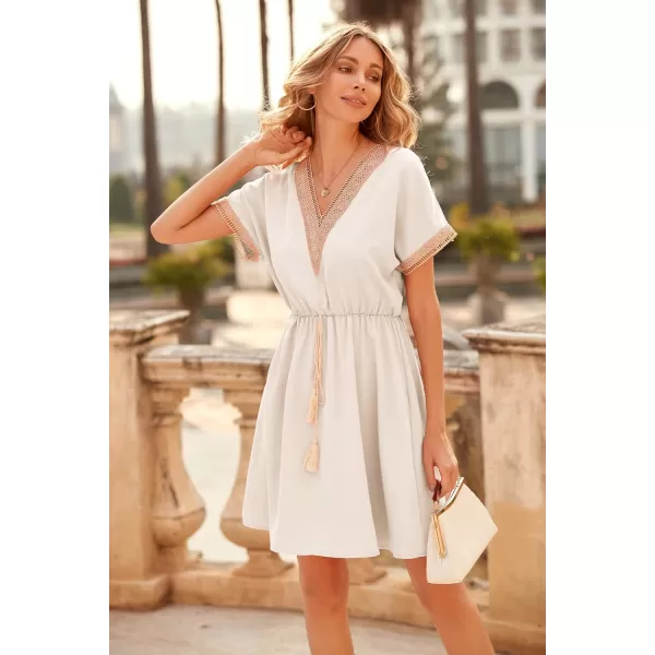 imagePRETTYGARDEN Womens Casual Summer Dresses Trimmed Short Sleeve V Neck Tie Front Flowy DressBeige White