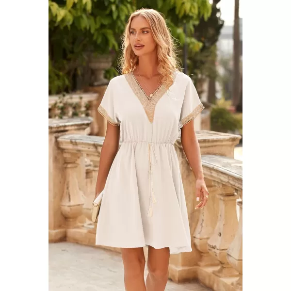 imagePRETTYGARDEN Womens Casual Summer Dresses Trimmed Short Sleeve V Neck Tie Front Flowy DressBeige White