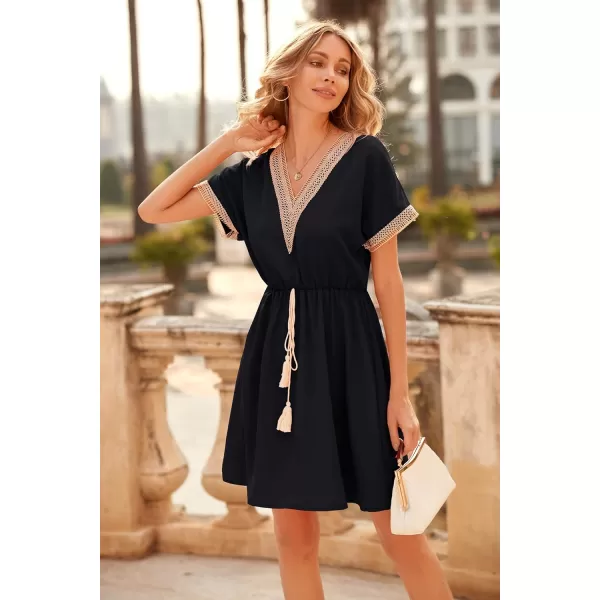 imagePRETTYGARDEN Womens Casual Summer Dresses Trimmed Short Sleeve V Neck Tie Front Flowy DressBlack