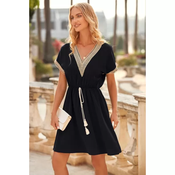 imagePRETTYGARDEN Womens Casual Summer Dresses Trimmed Short Sleeve V Neck Tie Front Flowy DressBlack