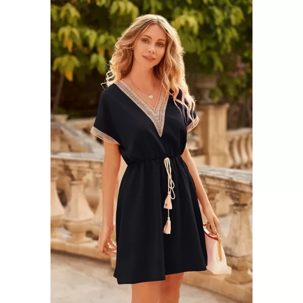 imagePRETTYGARDEN Womens Casual Summer Dresses Trimmed Short Sleeve V Neck Tie Front Flowy DressBlack