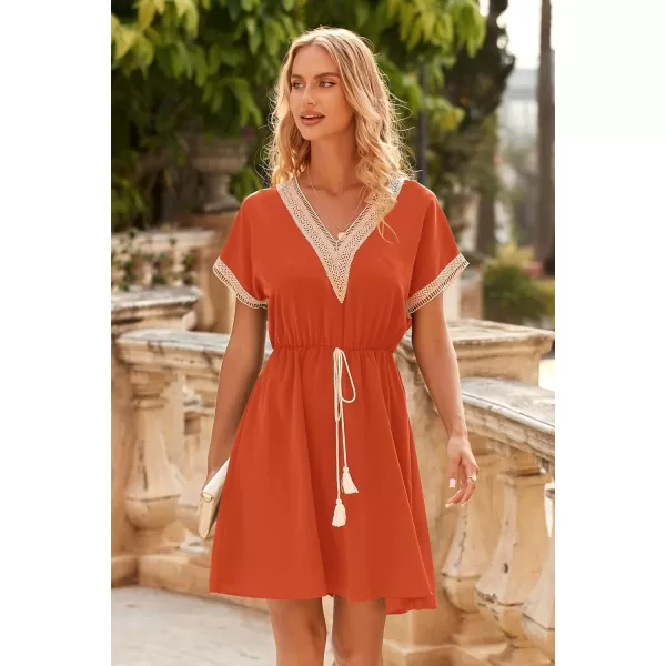 imagePRETTYGARDEN Womens Casual Summer Dresses Trimmed Short Sleeve V Neck Tie Front Flowy DressBrick Red