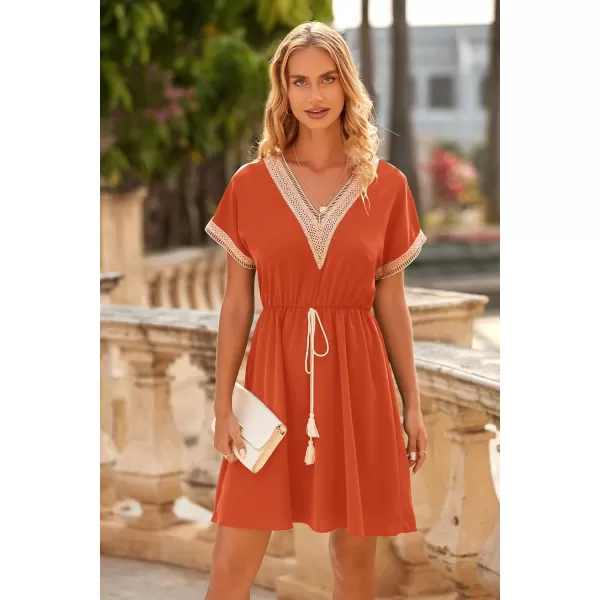 imagePRETTYGARDEN Womens Casual Summer Dresses Trimmed Short Sleeve V Neck Tie Front Flowy DressBrick Red
