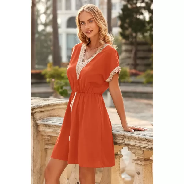 imagePRETTYGARDEN Womens Casual Summer Dresses Trimmed Short Sleeve V Neck Tie Front Flowy DressBrick Red