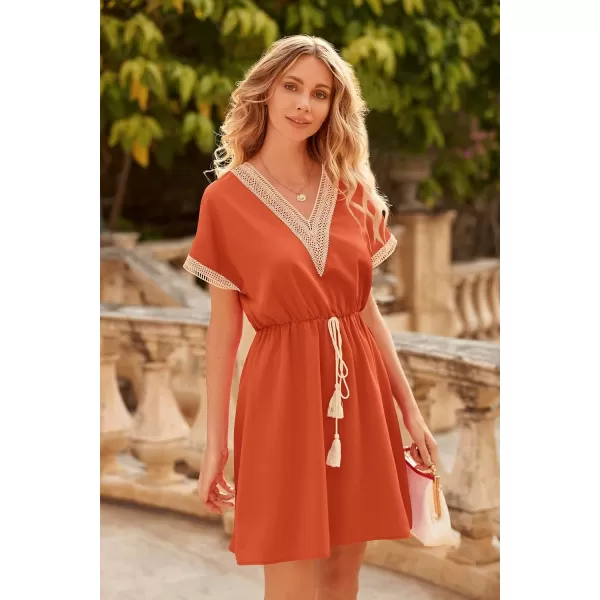 imagePRETTYGARDEN Womens Casual Summer Dresses Trimmed Short Sleeve V Neck Tie Front Flowy DressBrick Red