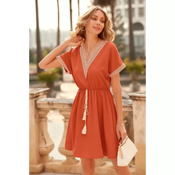 imagePRETTYGARDEN Womens Casual Summer Dresses Trimmed Short Sleeve V Neck Tie Front Flowy DressBrick Red