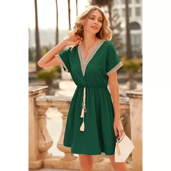 imagePRETTYGARDEN Womens Casual Summer Dresses Trimmed Short Sleeve V Neck Tie Front Flowy DressDark Green