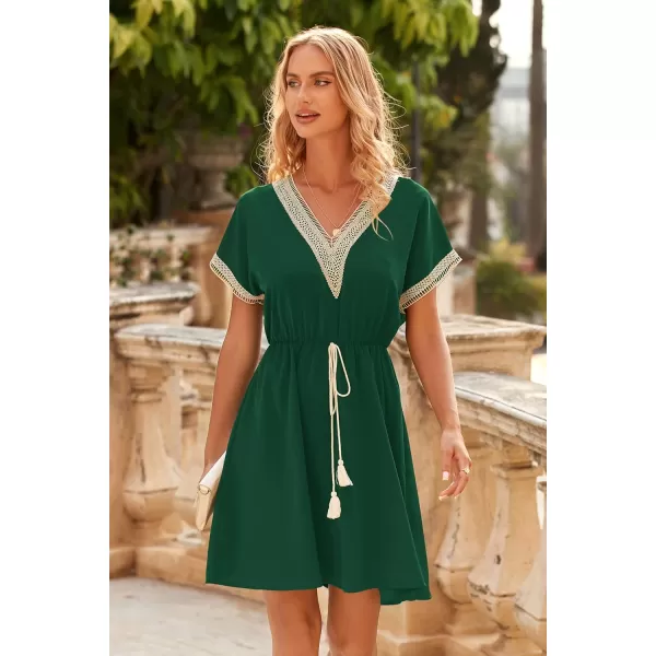 imagePRETTYGARDEN Womens Casual Summer Dresses Trimmed Short Sleeve V Neck Tie Front Flowy DressDark Green