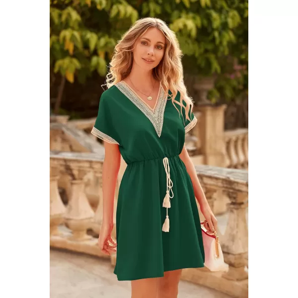 imagePRETTYGARDEN Womens Casual Summer Dresses Trimmed Short Sleeve V Neck Tie Front Flowy DressDark Green