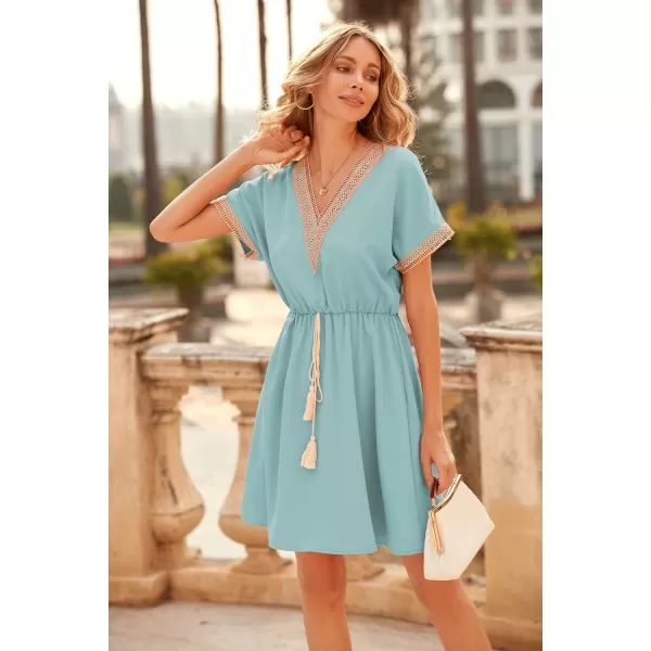 imagePRETTYGARDEN Womens Casual Summer Dresses Trimmed Short Sleeve V Neck Tie Front Flowy DressGreen