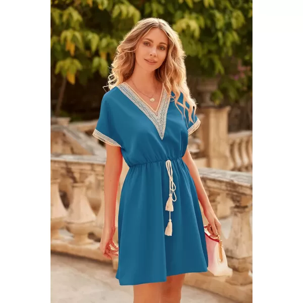 imagePRETTYGARDEN Womens Casual Summer Dresses Trimmed Short Sleeve V Neck Tie Front Flowy DressLake Blue
