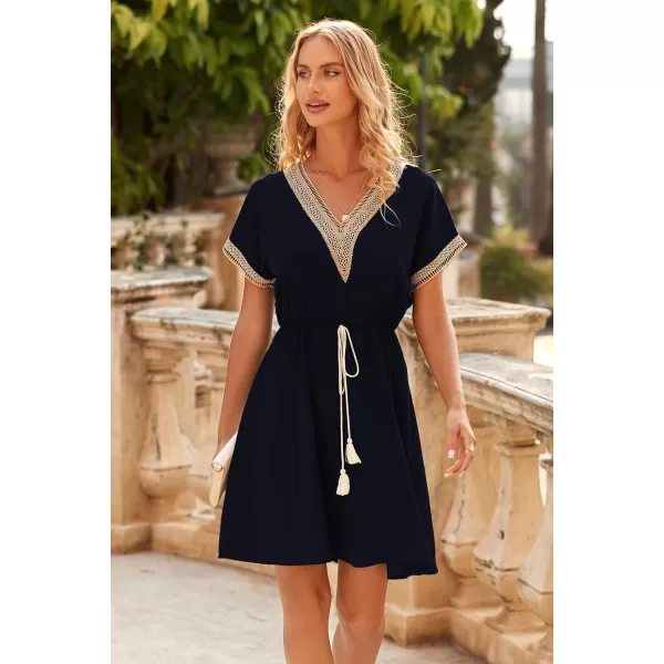 imagePRETTYGARDEN Womens Casual Summer Dresses Trimmed Short Sleeve V Neck Tie Front Flowy DressNavy