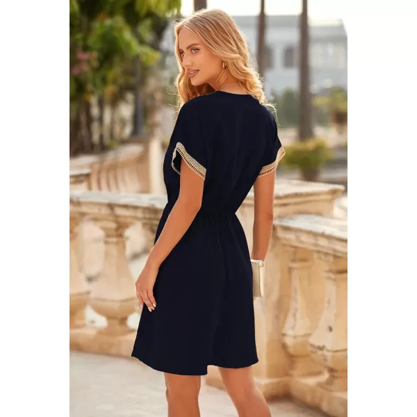 imagePRETTYGARDEN Womens Casual Summer Dresses Trimmed Short Sleeve V Neck Tie Front Flowy DressNavy