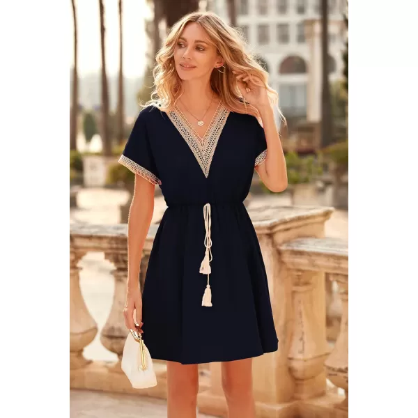 imagePRETTYGARDEN Womens Casual Summer Dresses Trimmed Short Sleeve V Neck Tie Front Flowy DressNavy