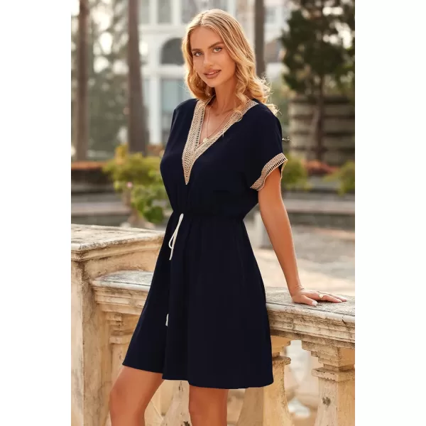 imagePRETTYGARDEN Womens Casual Summer Dresses Trimmed Short Sleeve V Neck Tie Front Flowy DressNavy