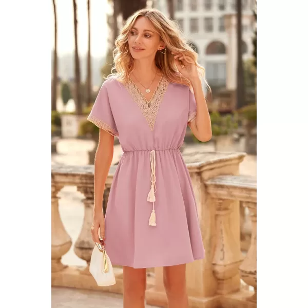 imagePRETTYGARDEN Womens Casual Summer Dresses Trimmed Short Sleeve V Neck Tie Front Flowy DressPink