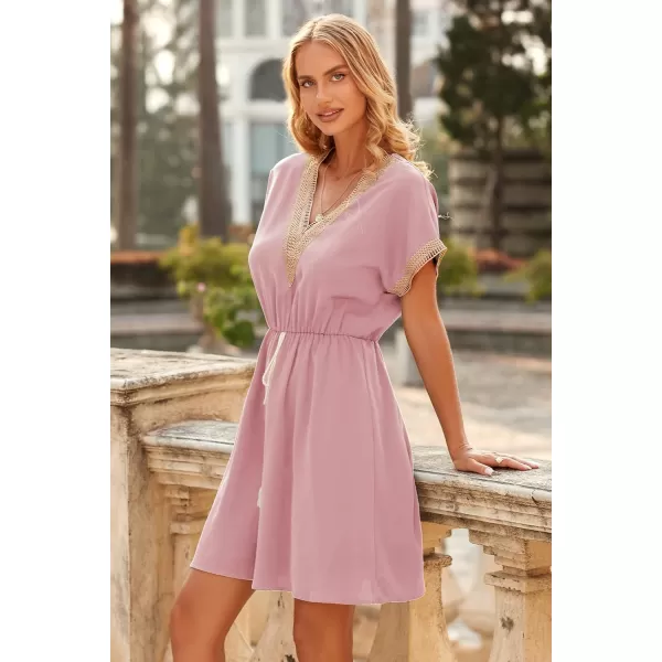 imagePRETTYGARDEN Womens Casual Summer Dresses Trimmed Short Sleeve V Neck Tie Front Flowy DressPink