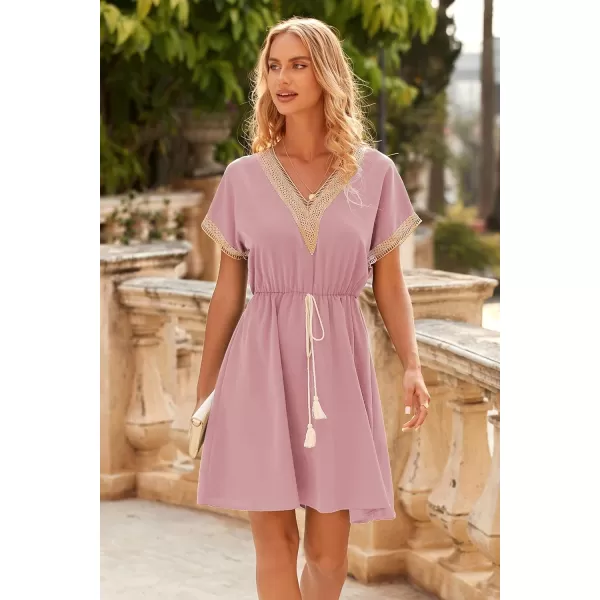 imagePRETTYGARDEN Womens Casual Summer Dresses Trimmed Short Sleeve V Neck Tie Front Flowy DressPink