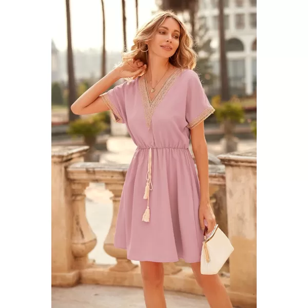 imagePRETTYGARDEN Womens Casual Summer Dresses Trimmed Short Sleeve V Neck Tie Front Flowy DressPink