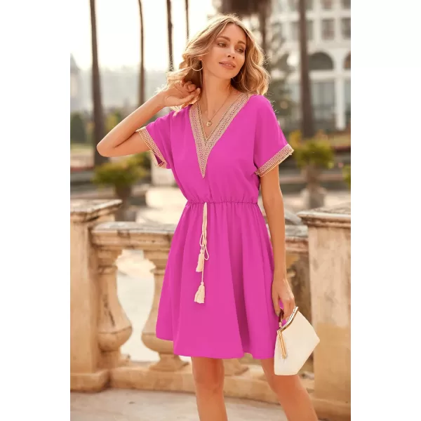 imagePRETTYGARDEN Womens Casual Summer Dresses Trimmed Short Sleeve V Neck Tie Front Flowy DressRose Red
