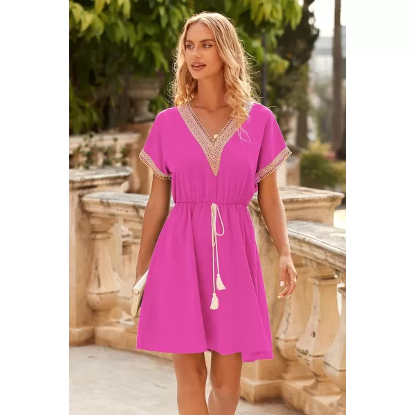 imagePRETTYGARDEN Womens Casual Summer Dresses Trimmed Short Sleeve V Neck Tie Front Flowy DressRose Red