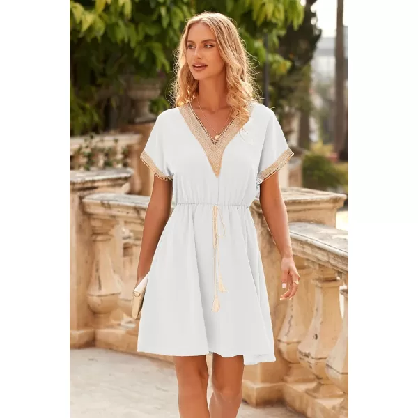 imagePRETTYGARDEN Womens Casual Summer Dresses Trimmed Short Sleeve V Neck Tie Front Flowy DressWhite