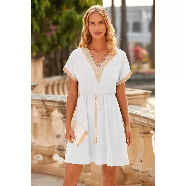 imagePRETTYGARDEN Womens Casual Summer Dresses Trimmed Short Sleeve V Neck Tie Front Flowy DressWhite