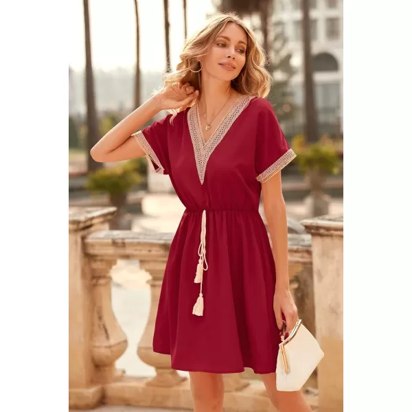 imagePRETTYGARDEN Womens Casual Summer Dresses Trimmed Short Sleeve V Neck Tie Front Flowy DressWine Red