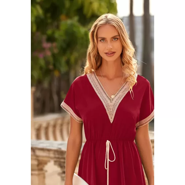 imagePRETTYGARDEN Womens Casual Summer Dresses Trimmed Short Sleeve V Neck Tie Front Flowy DressWine Red