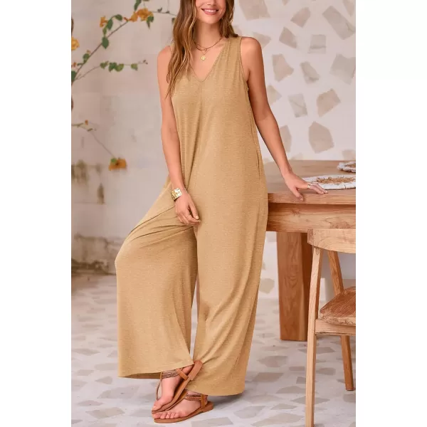 imagePRETTYGARDEN Womens Casual Summer Loose Jumpsuits Sleeveless Tank V Neck Wide Leg One Piece RomperBeige Yellow