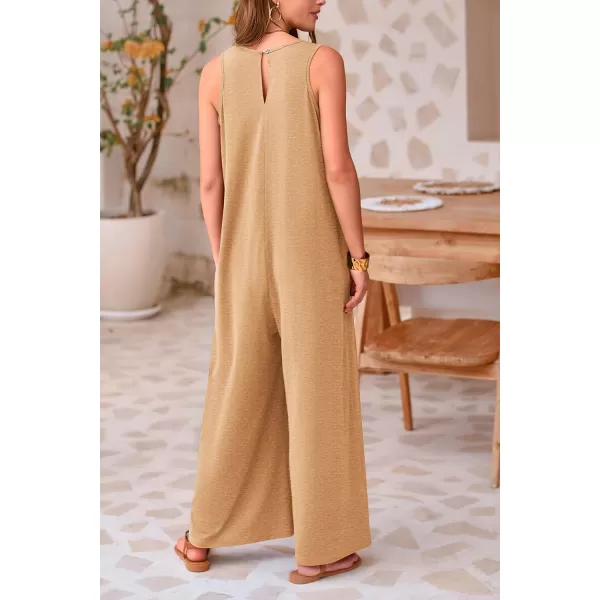 imagePRETTYGARDEN Womens Casual Summer Loose Jumpsuits Sleeveless Tank V Neck Wide Leg One Piece RomperBeige Yellow