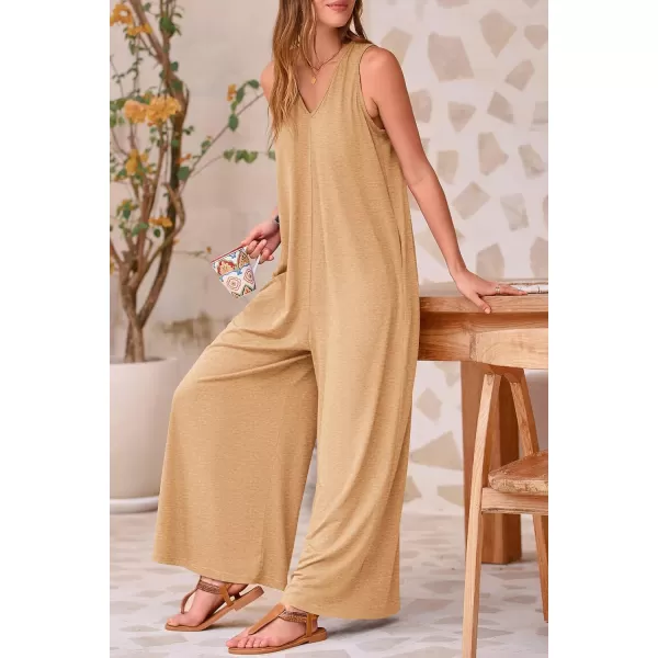 imagePRETTYGARDEN Womens Casual Summer Loose Jumpsuits Sleeveless Tank V Neck Wide Leg One Piece RomperBeige Yellow