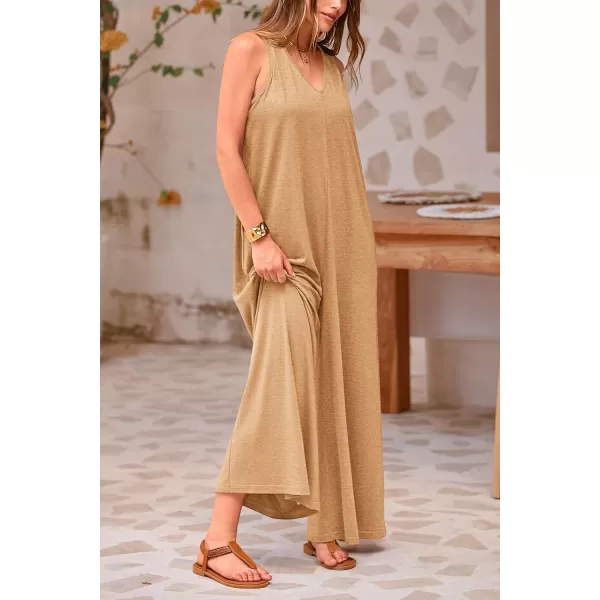 imagePRETTYGARDEN Womens Casual Summer Loose Jumpsuits Sleeveless Tank V Neck Wide Leg One Piece RomperBeige Yellow