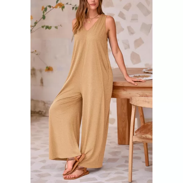 imagePRETTYGARDEN Womens Casual Summer Loose Jumpsuits Sleeveless Tank V Neck Wide Leg One Piece RomperBeige Yellow