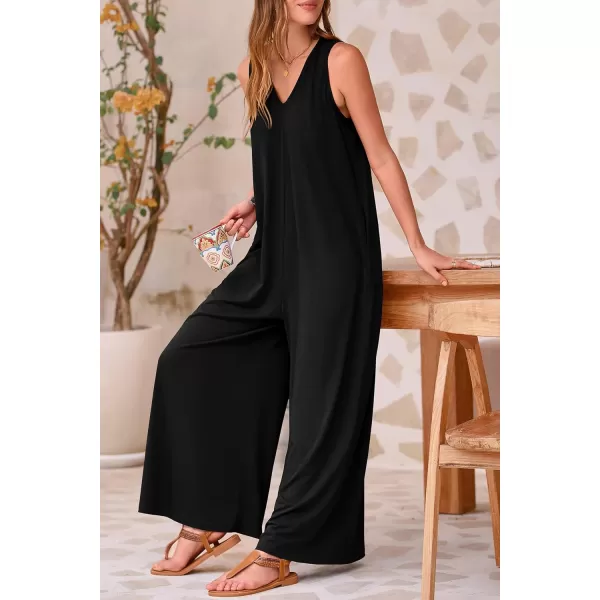 imagePRETTYGARDEN Womens Casual Summer Loose Jumpsuits Sleeveless Tank V Neck Wide Leg One Piece RomperBlack