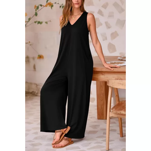 imagePRETTYGARDEN Womens Casual Summer Loose Jumpsuits Sleeveless Tank V Neck Wide Leg One Piece RomperBlack